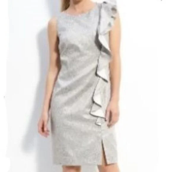 Tahari ASL Gold Brocade Sleeveless Cocktail Dress Vertical Ruffle Detail Size 10 - Picture 4 of 9